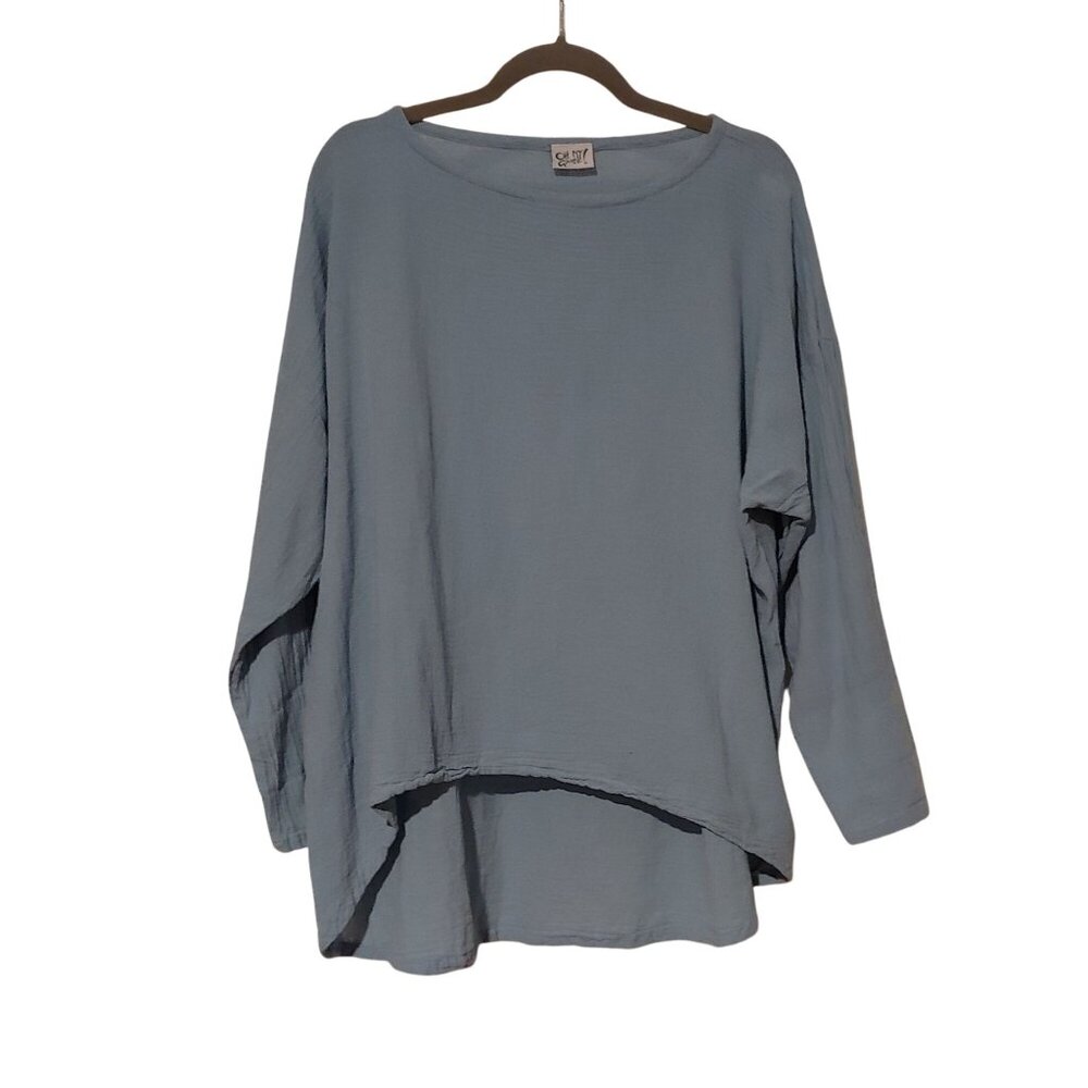 Oh My Gauze Baby Blue Long Sleeve Hi-Low Lagoom Boho Beachy Top (1) Oversize